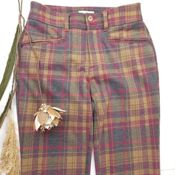 New Anthropologie The Essential Trouser Tan Pink Tartan Plaid  Flared Pa… - Picture 2 of 13